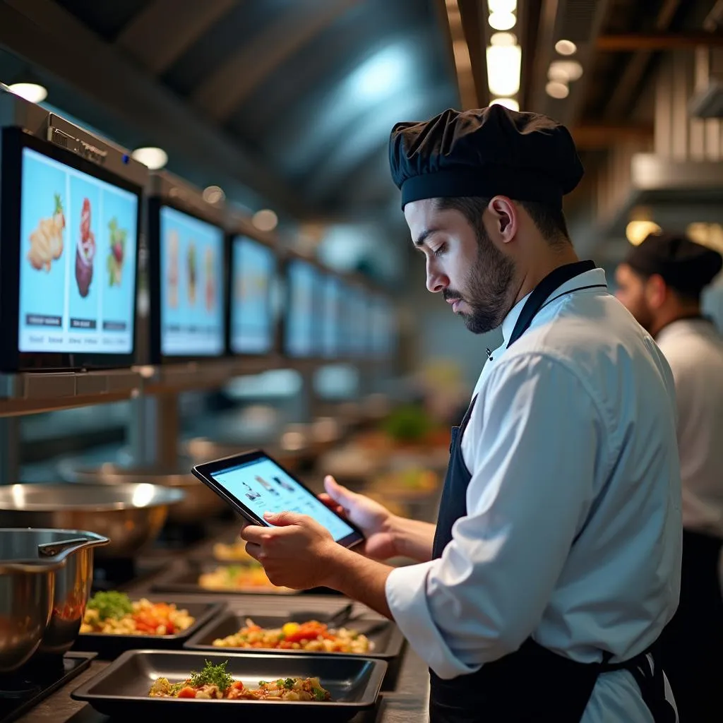 Modern restaurant chef using technology in kitchen