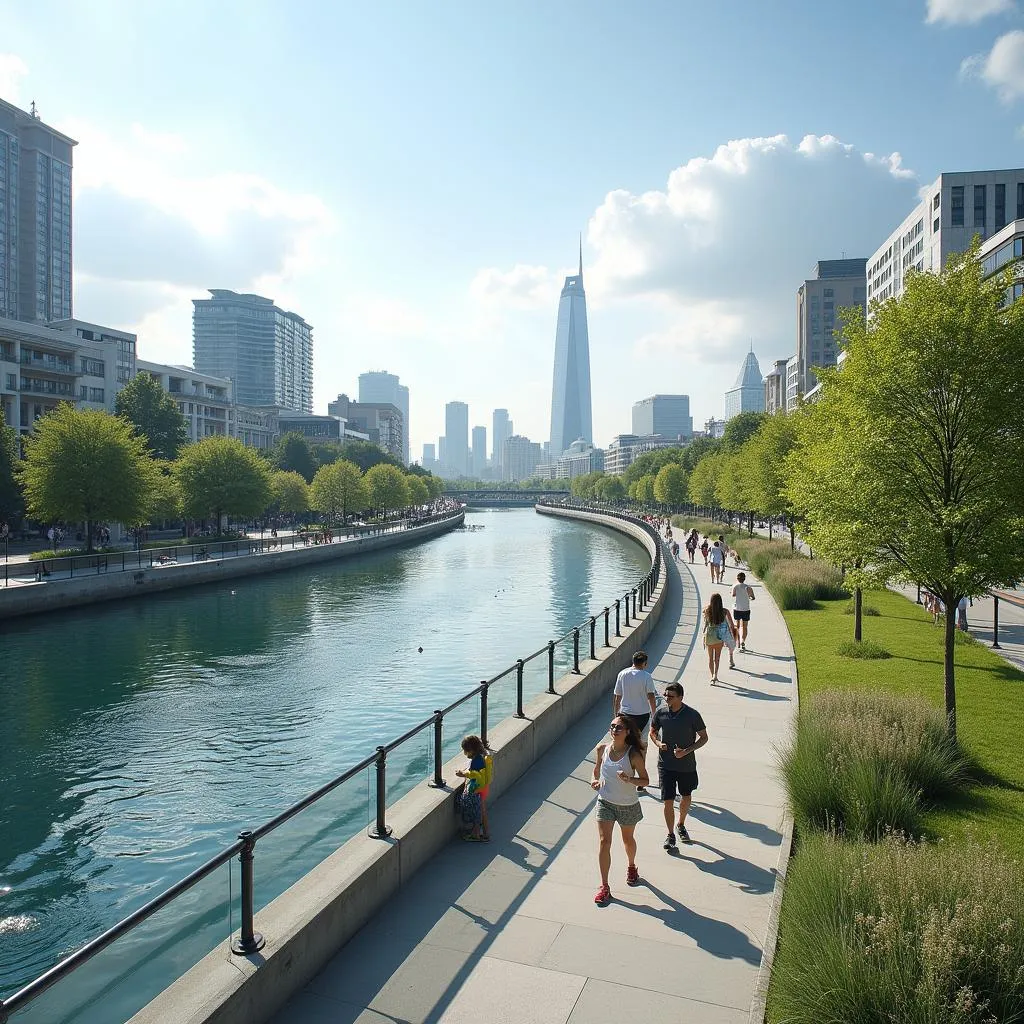 Modern waterfront promenade with people enjoying the view