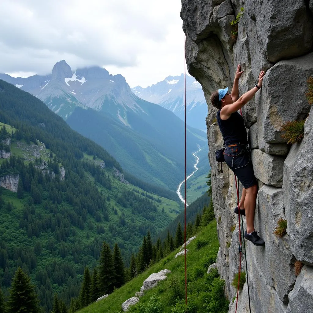 Person rock climbing in a picturesque setting