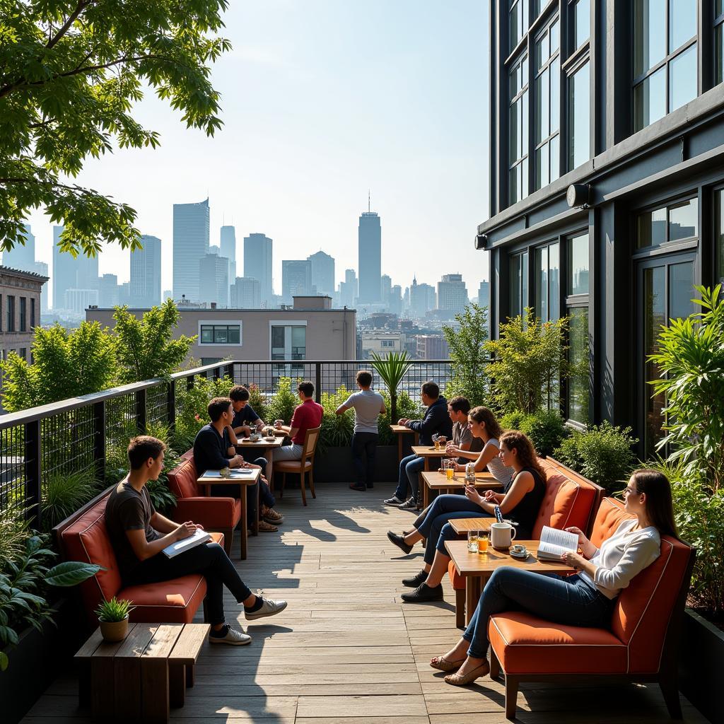 Rooftop garden cafe with city view