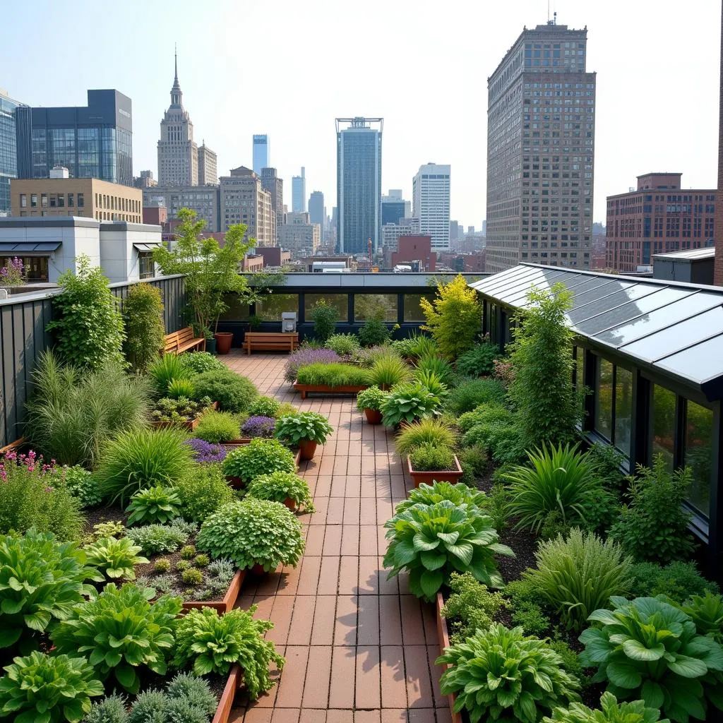 Rooftop urban garden with city view