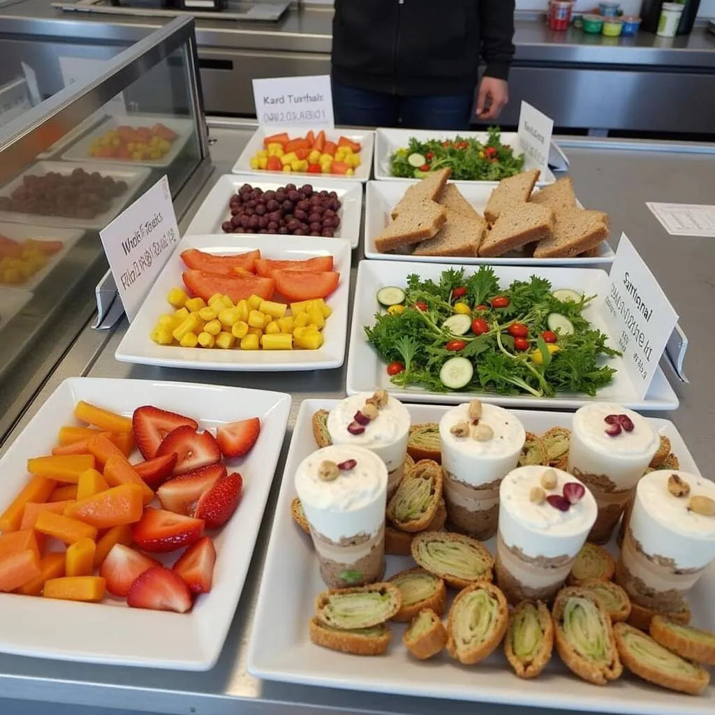 Colorful display of healthy food options in a school canteen