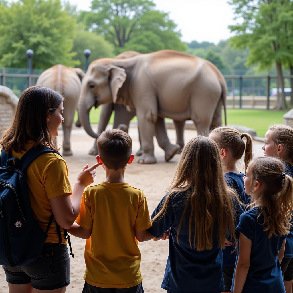 Children on a school trip observing animals at the zoo