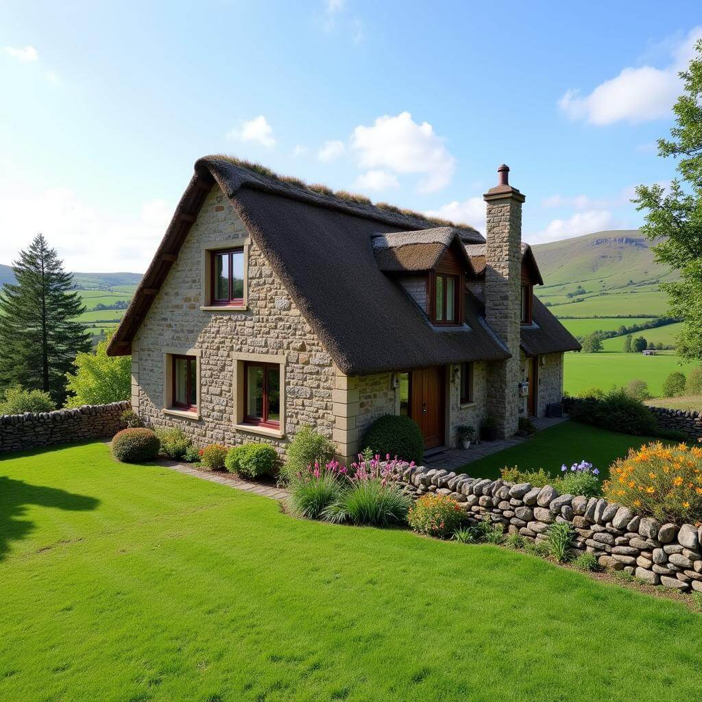 Scottish countryside cottage with thatched roof