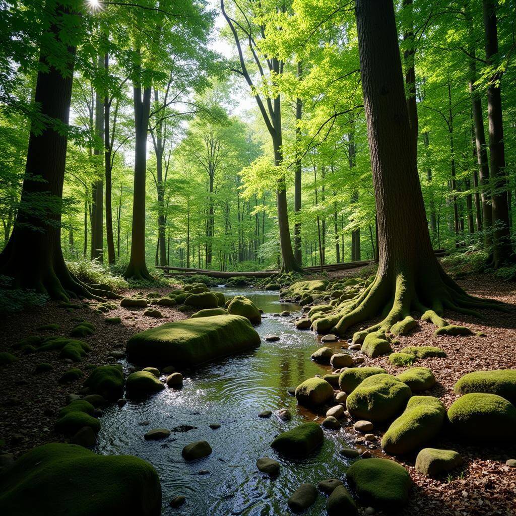 A serene forest clearing with sunlight streaming through the trees