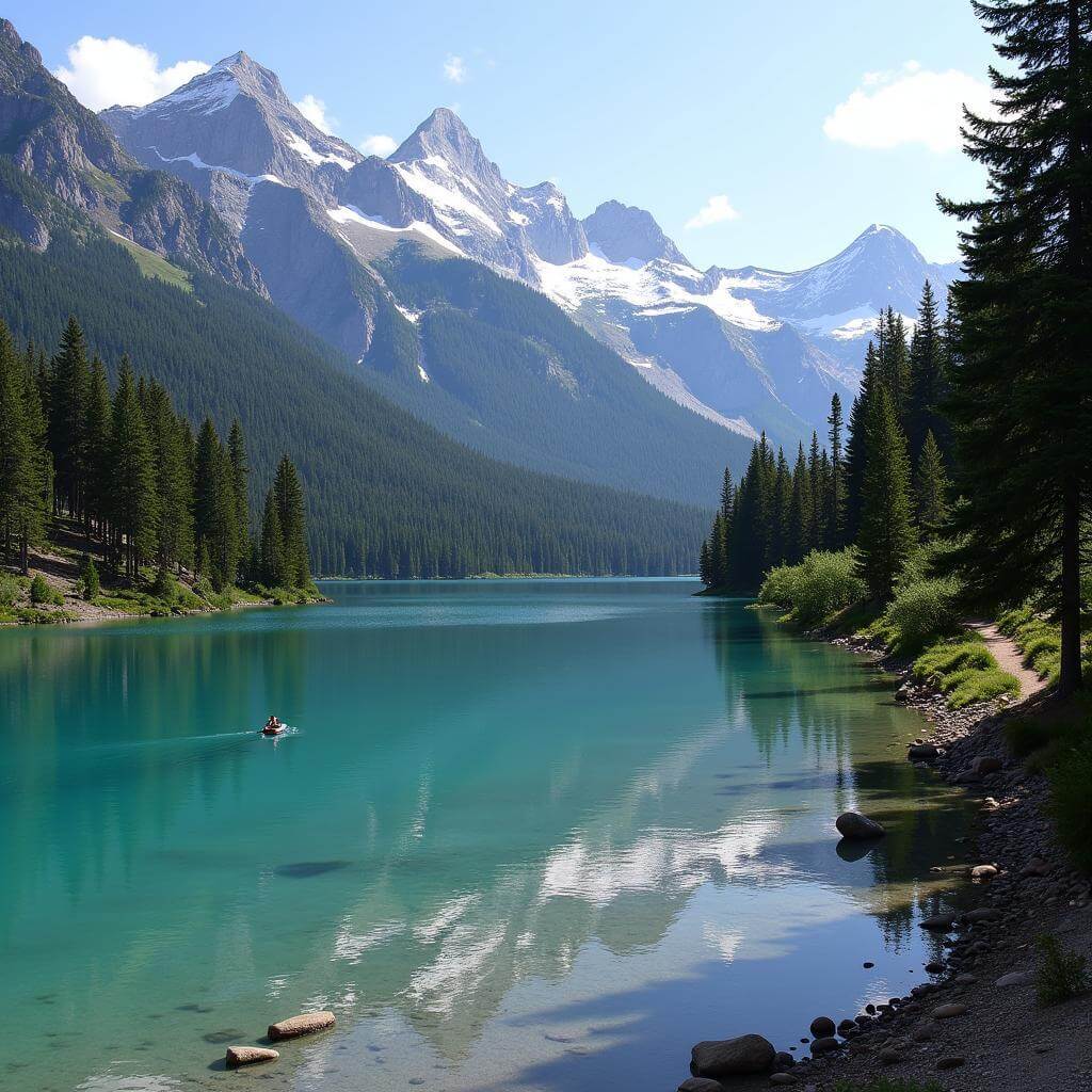 Serene mountain lake surrounded by pine forest and snow-capped peaks