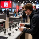 Shopper examining smartwatch on sale