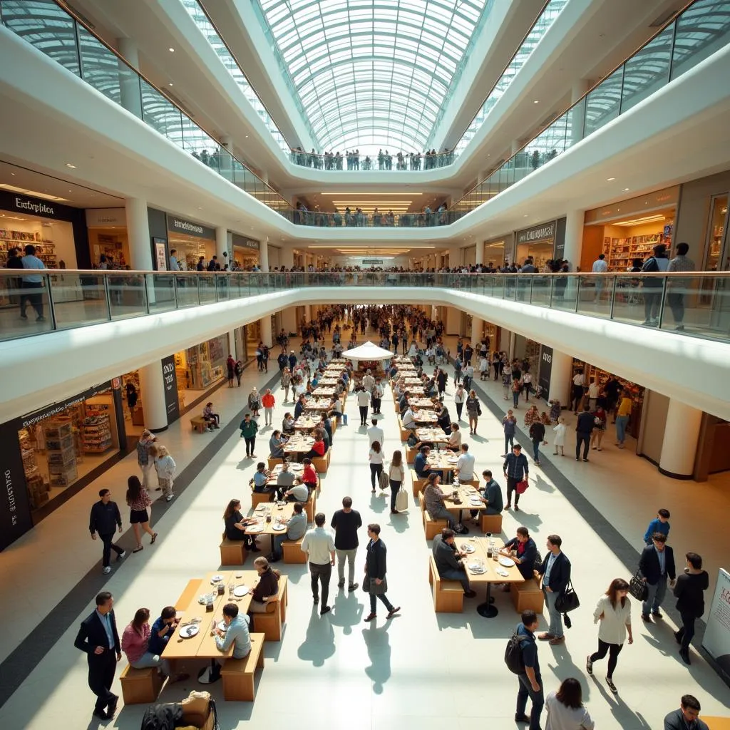 People socializing in a modern shopping center