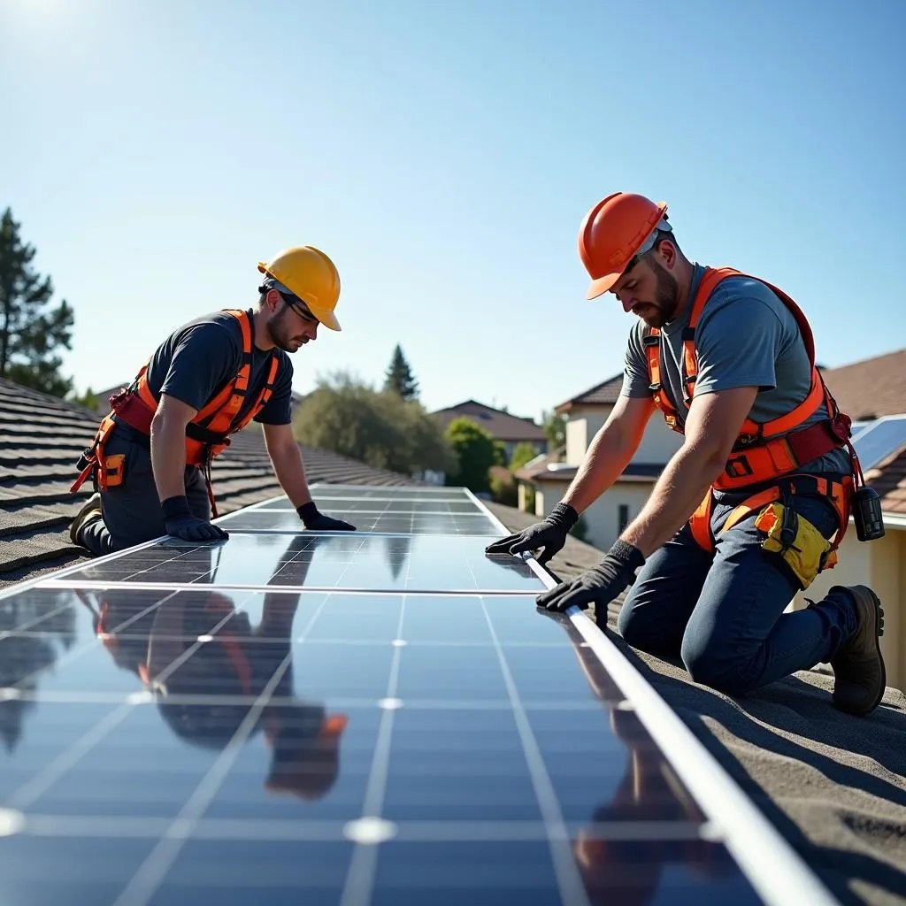 Workers installing solar panels on a house roof