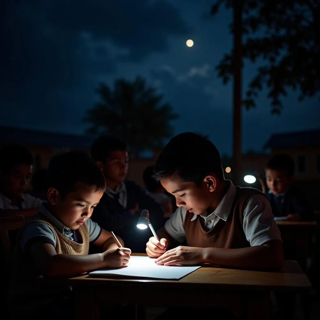 Children studying in a solar-powered school at night