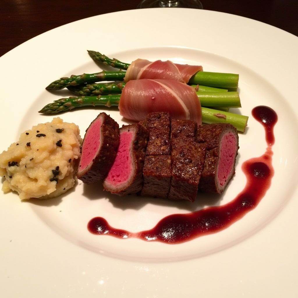 A beautifully plated Wagyu beef tenderloin dish