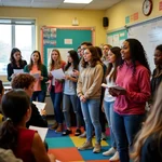 Students performing spoken word poetry in classroom