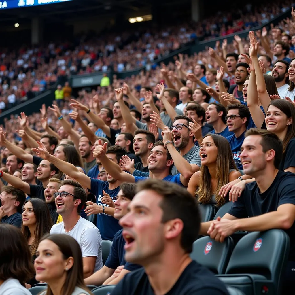 Diverse crowd cheering at a sports event