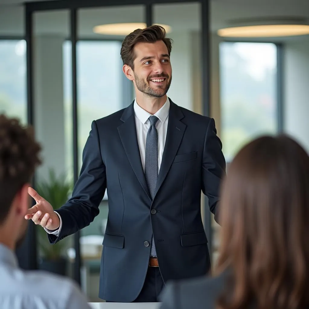 Confident professional standing up for themselves in a meeting