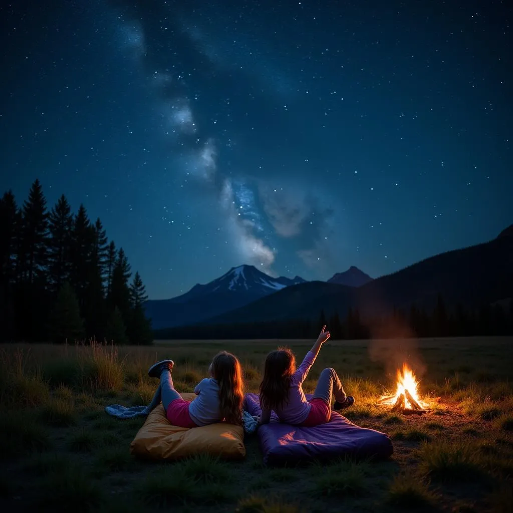 Two friends stargazing during camping