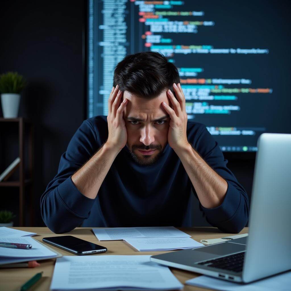 Stressed person working on computer