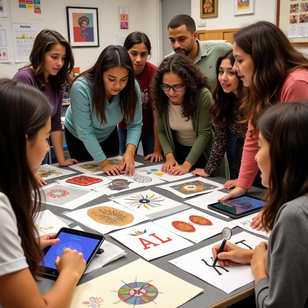 Students analyzing cultural symbols in art