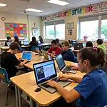 Students creating educational content in a modern classroom