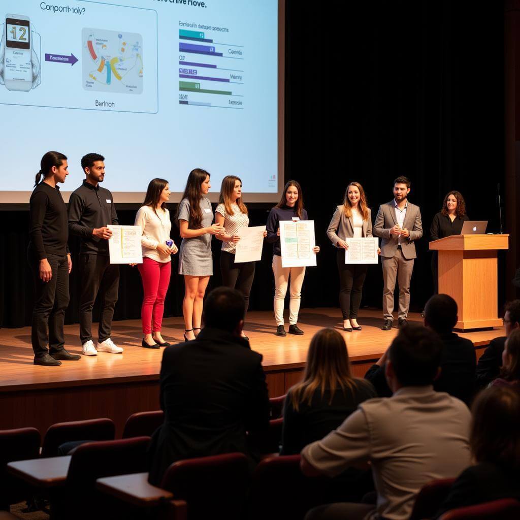 Student entrepreneurs presenting ideas at a pitch competition