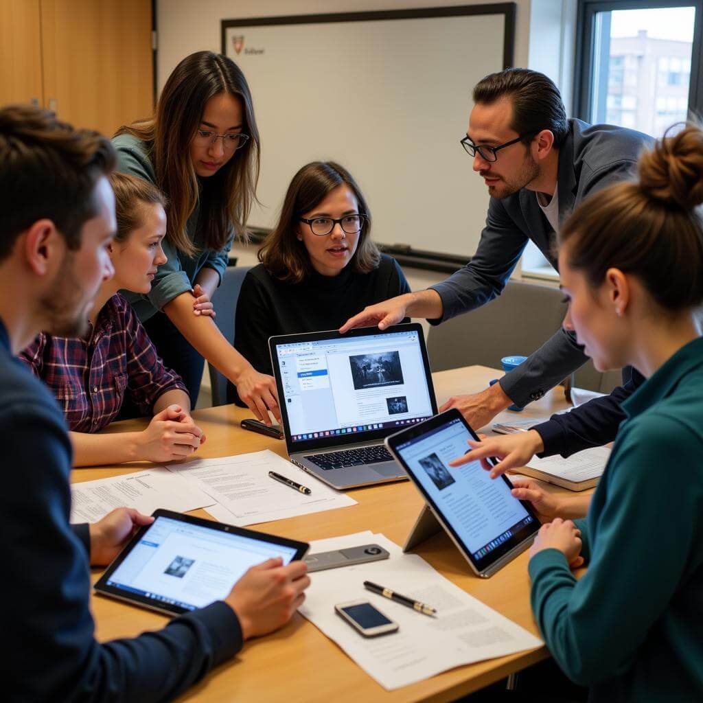 Professor and students discussing portfolio projects