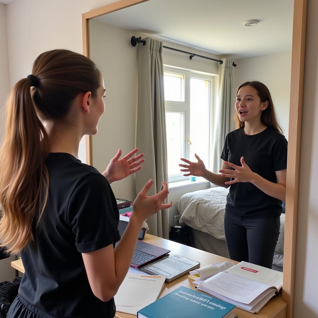 Student practicing IELTS speaking in front of mirror