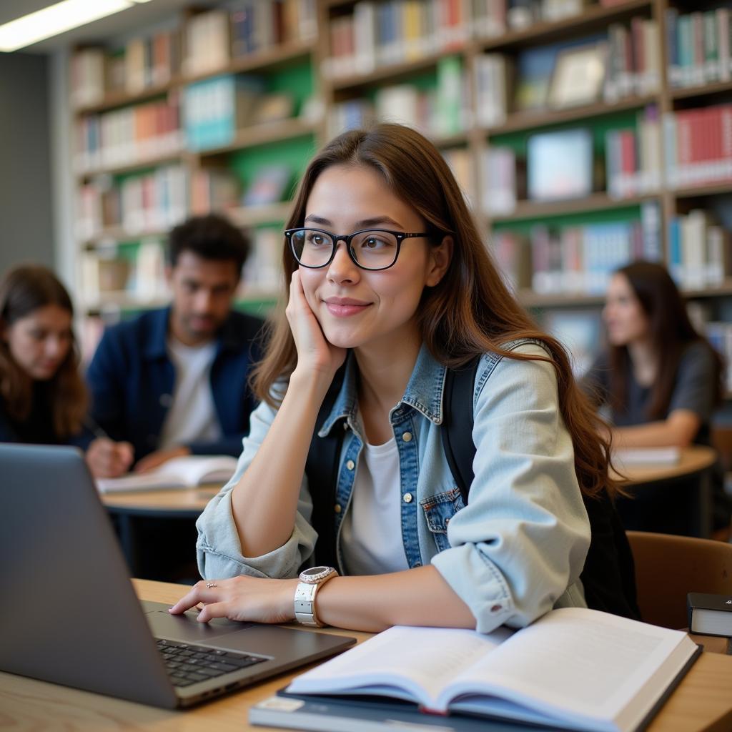 A student studying abroad in a library.