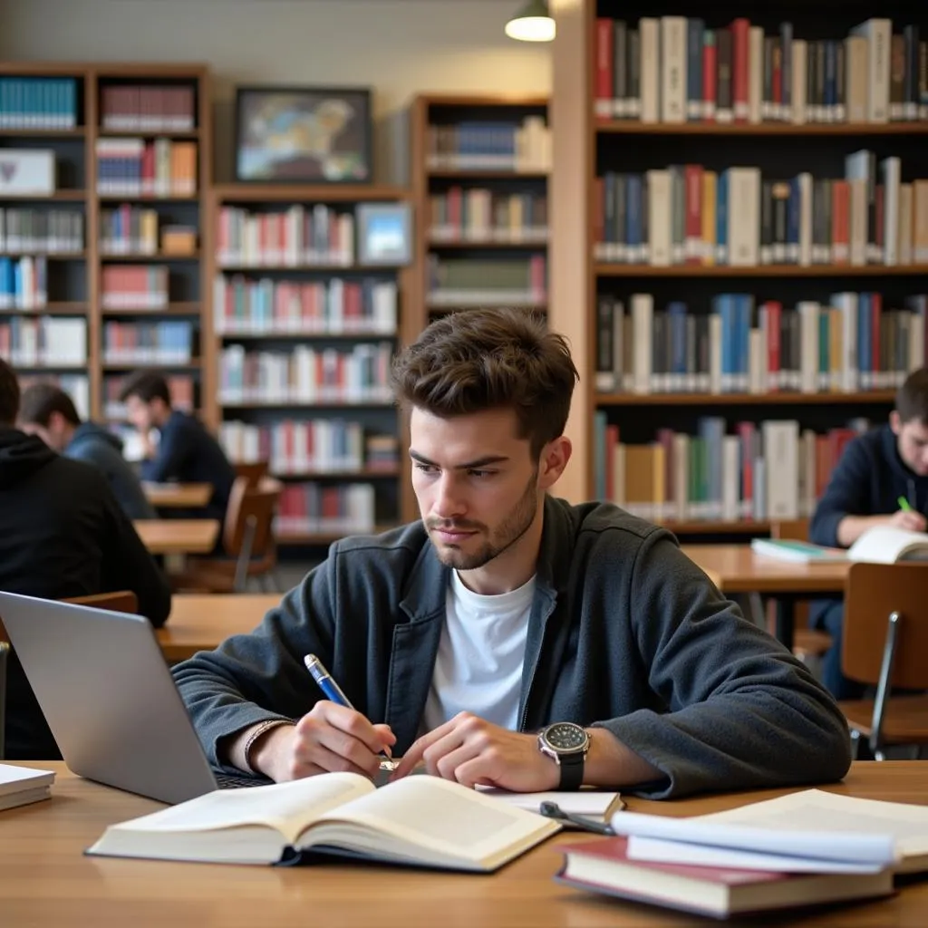 Student using academic resources in university library