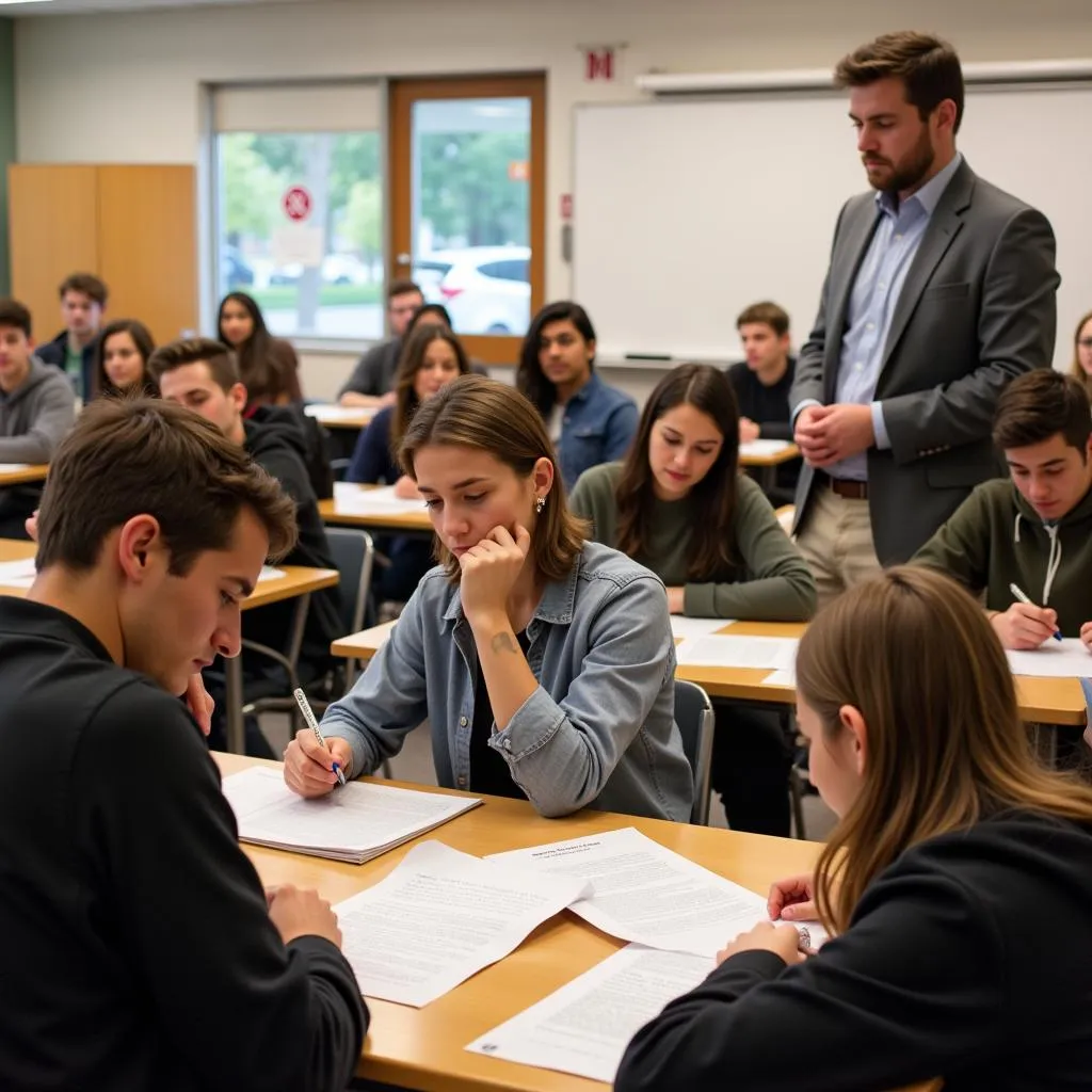 Students evaluating teacher in classroom