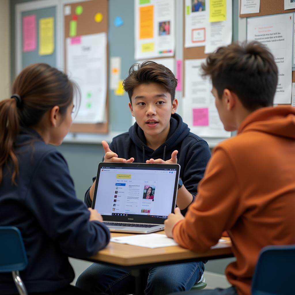 Student, teacher, and parent engaged in discussion