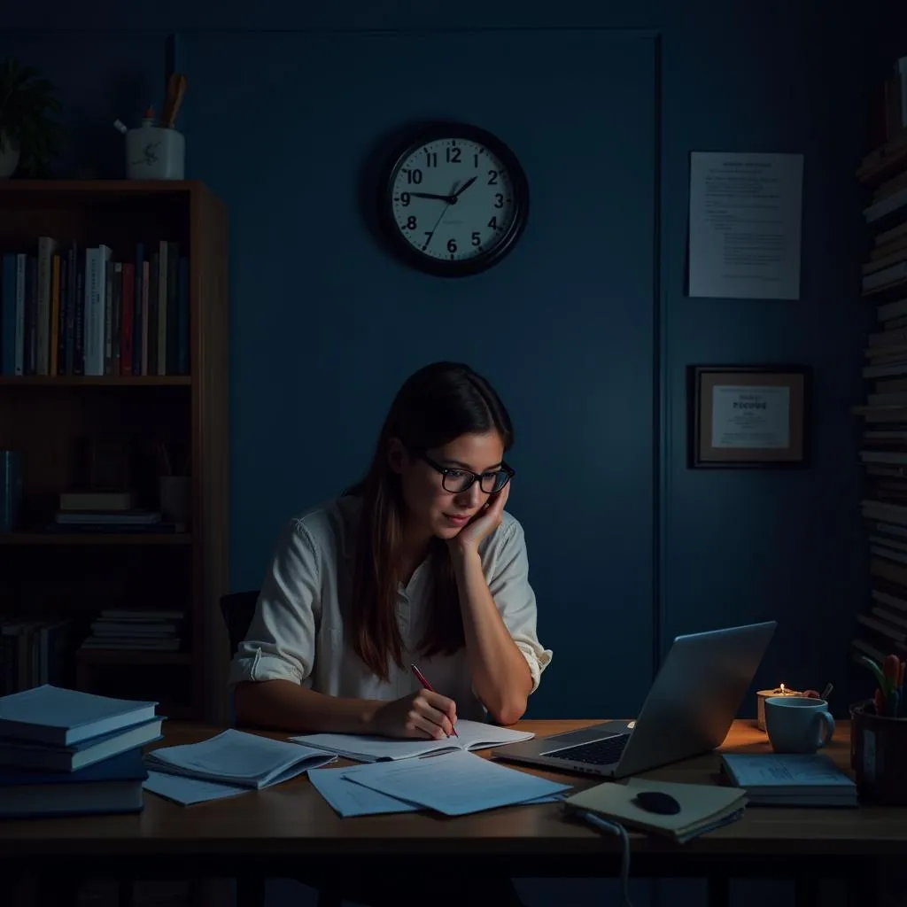 Student working late at night at desk