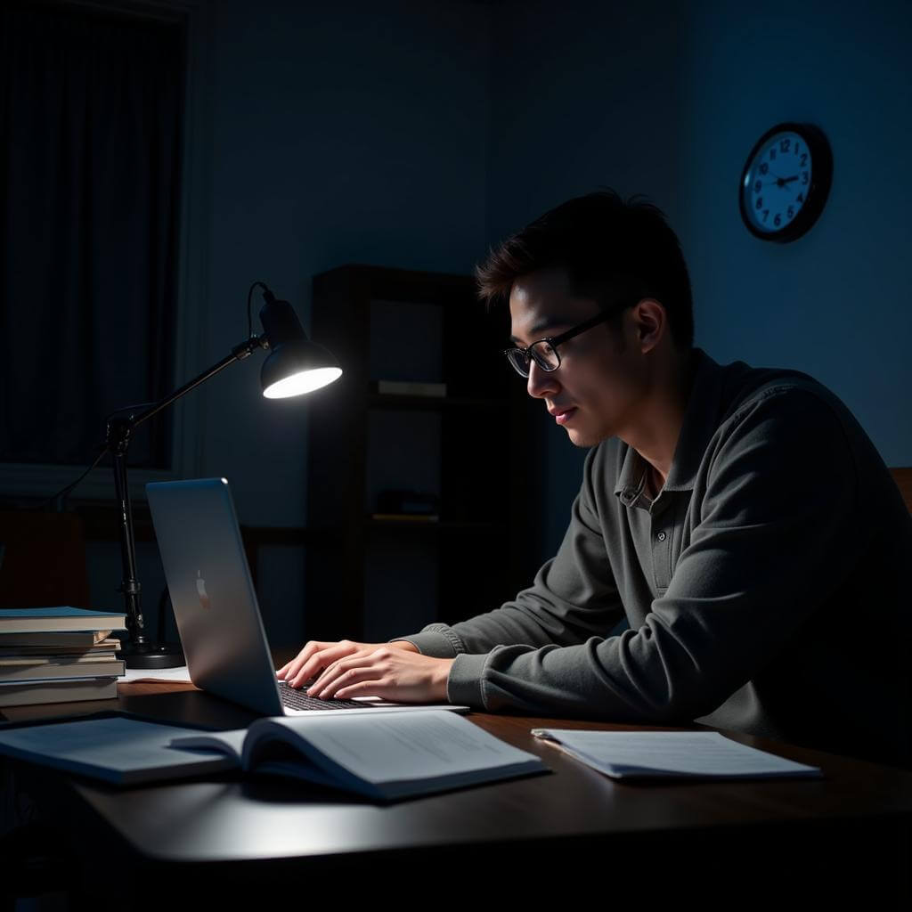 Student working late at night with desk lamp