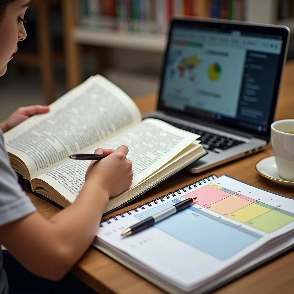 Student Working on Laptop with Planner