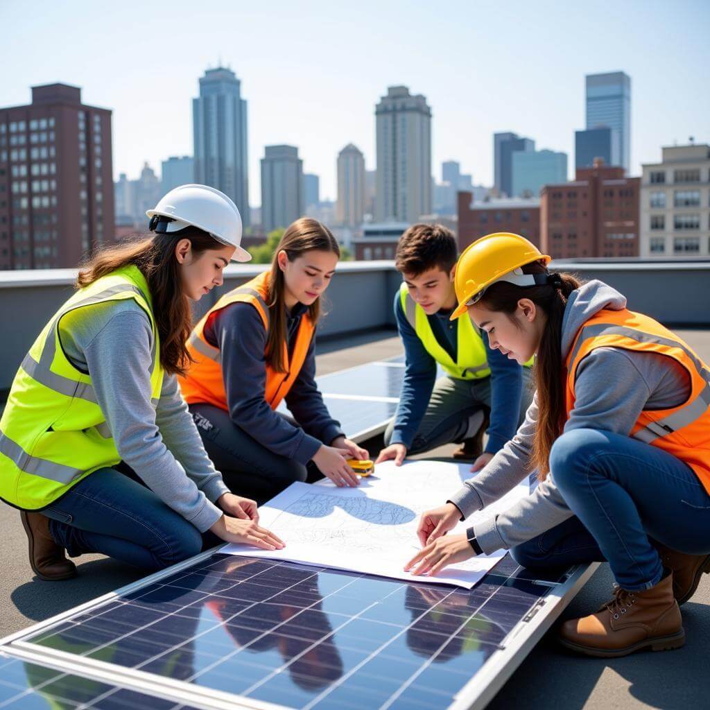 Students collaborating on a community solar energy project