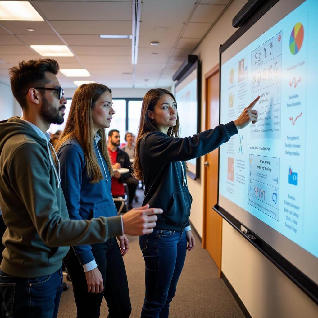 Students collaborating on an interactive whiteboard