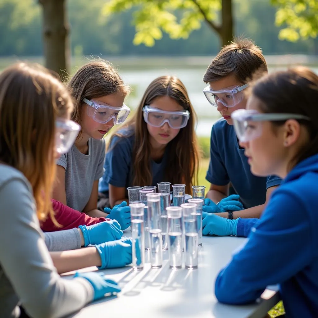 Students conducting an environmental experiment outdoors