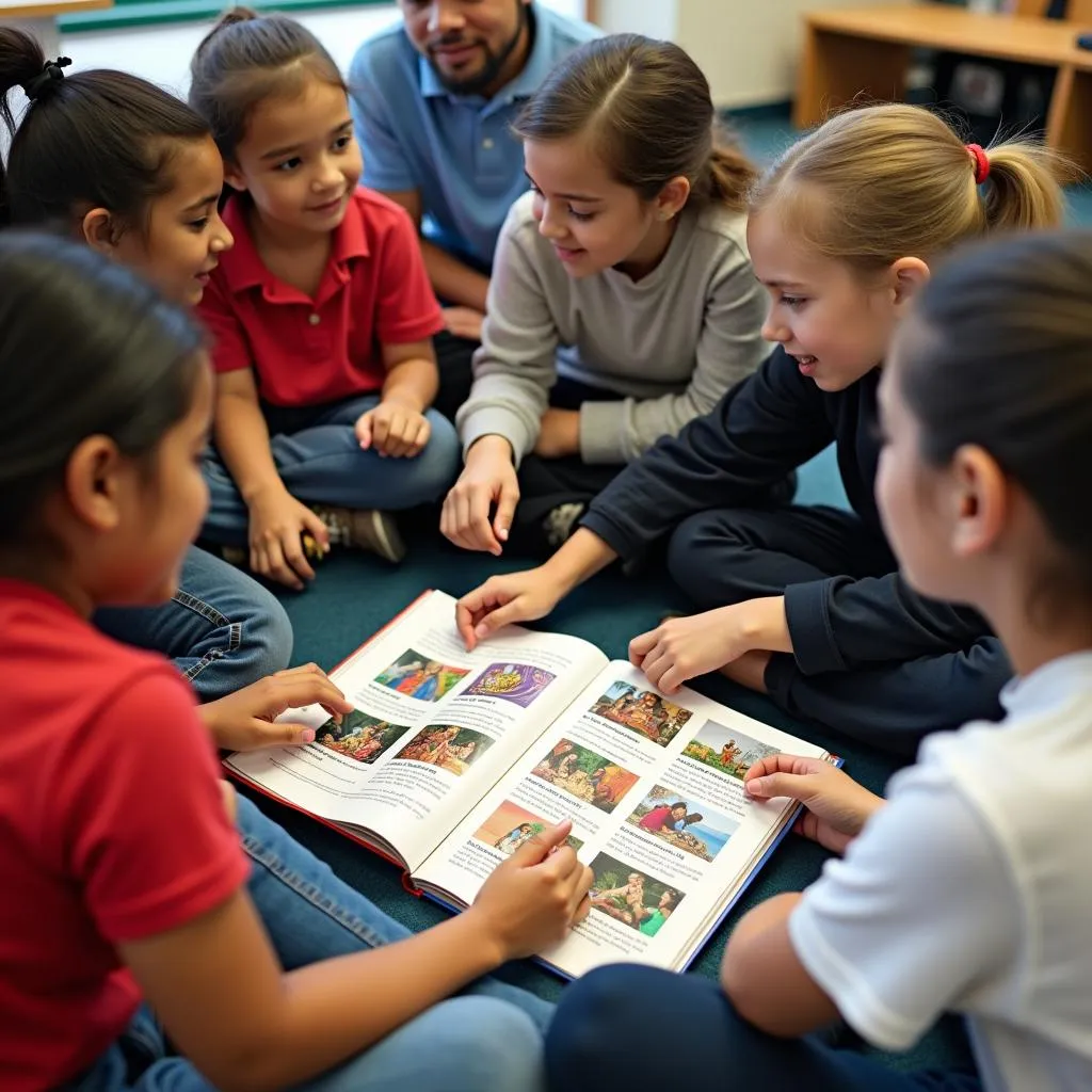 Students engaged with a multicultural textbook