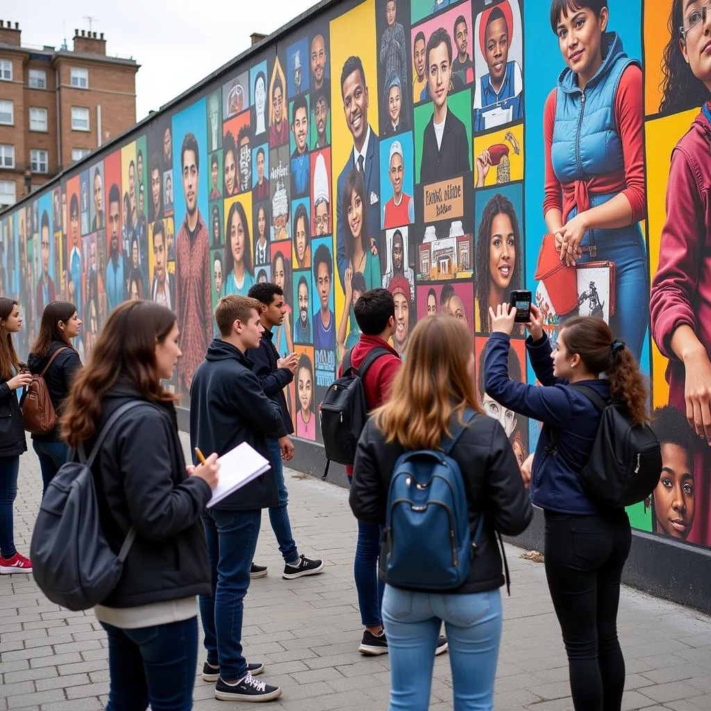 Students engaging with street art