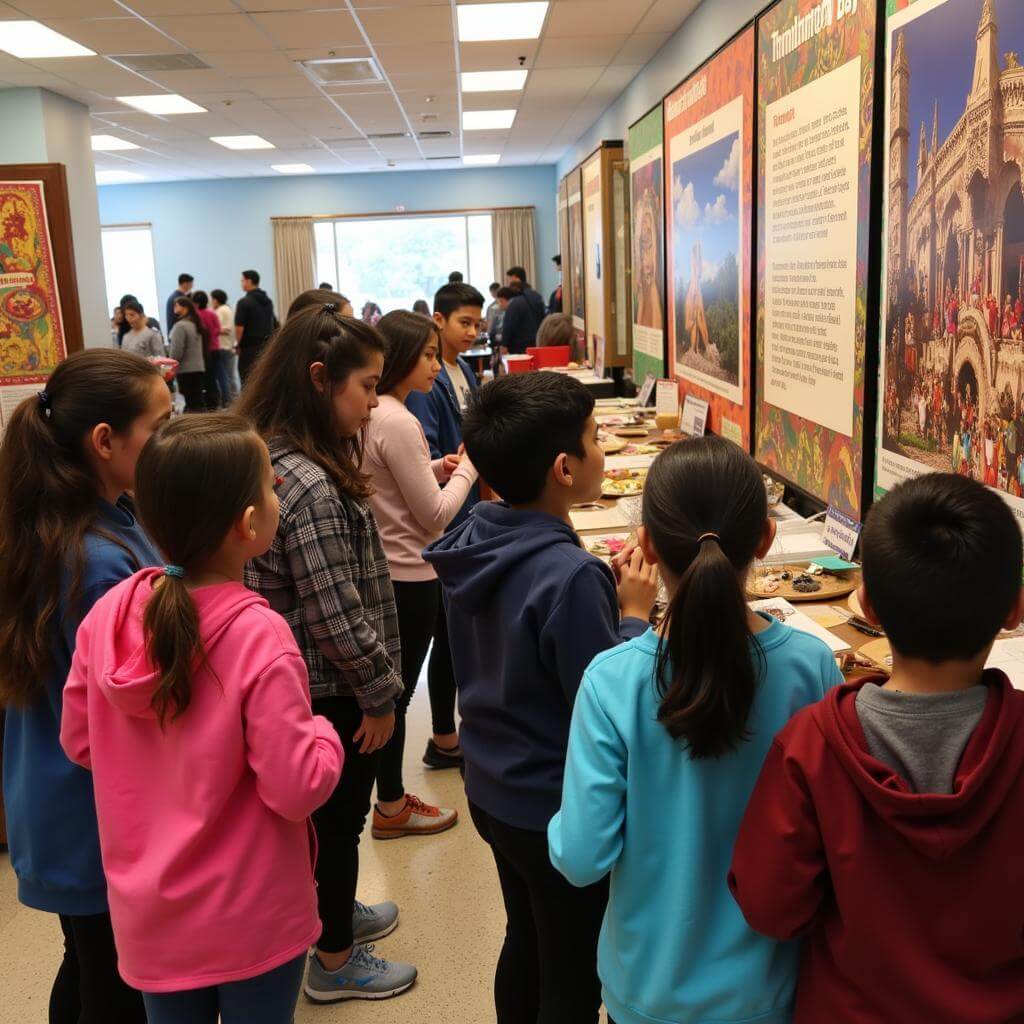 Students exploring cultural exhibits at school festival