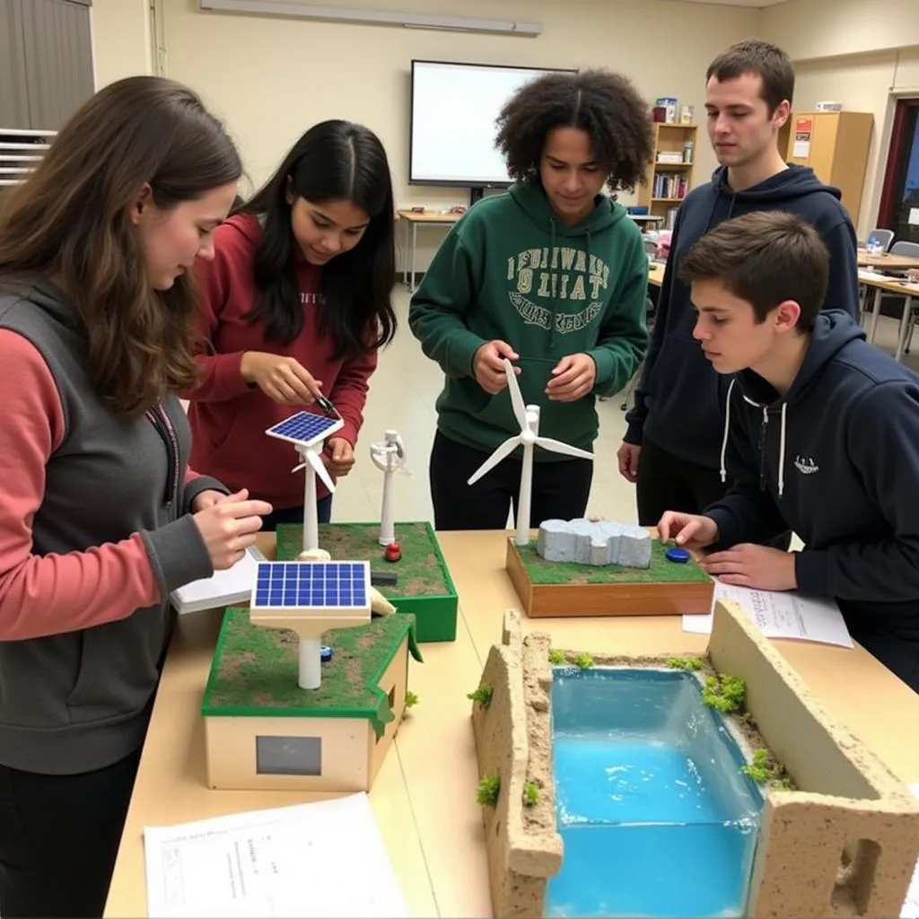 Students examining renewable energy models in a science class