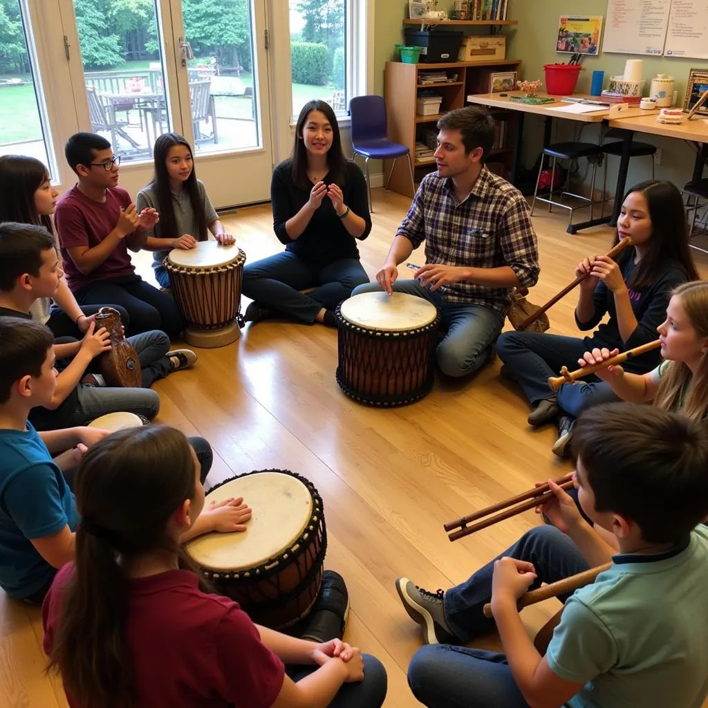 Students learning to play traditional instruments