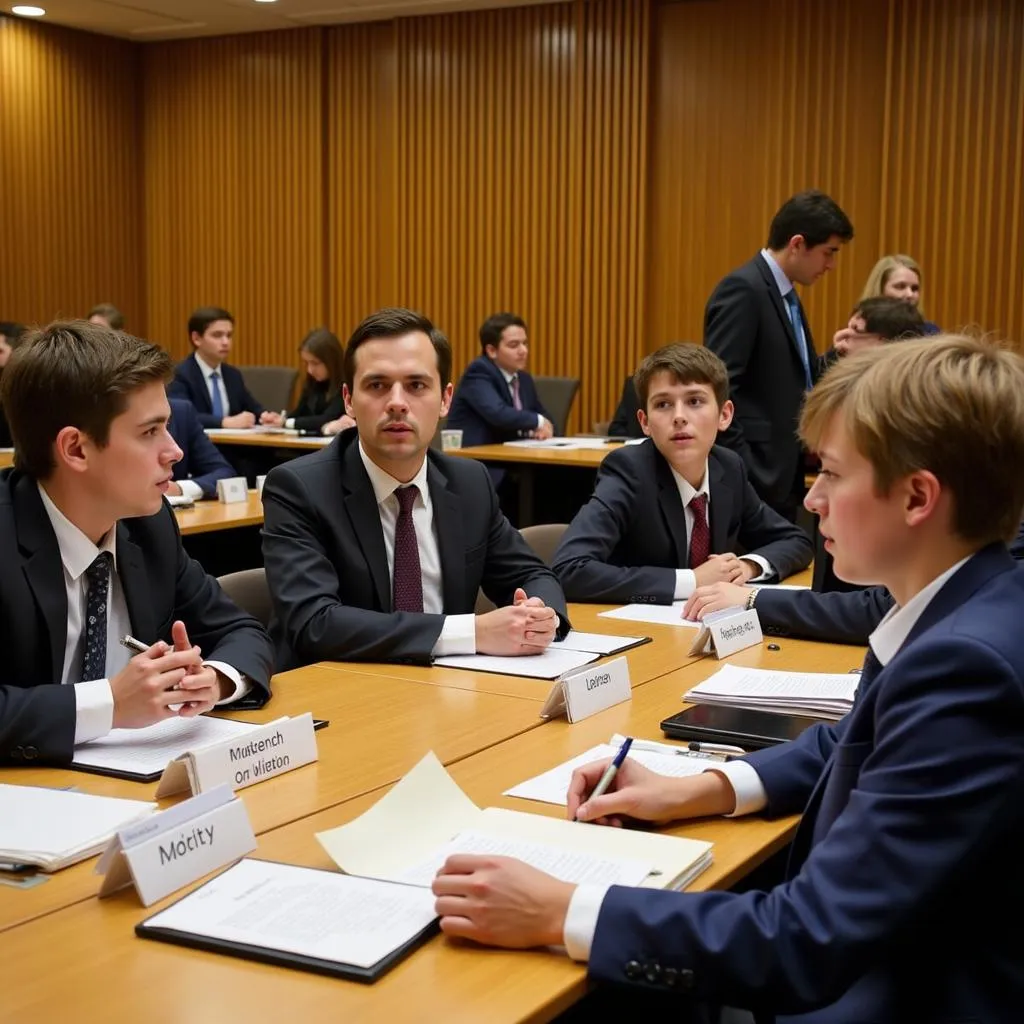 Students actively participating in a Model UN simulation