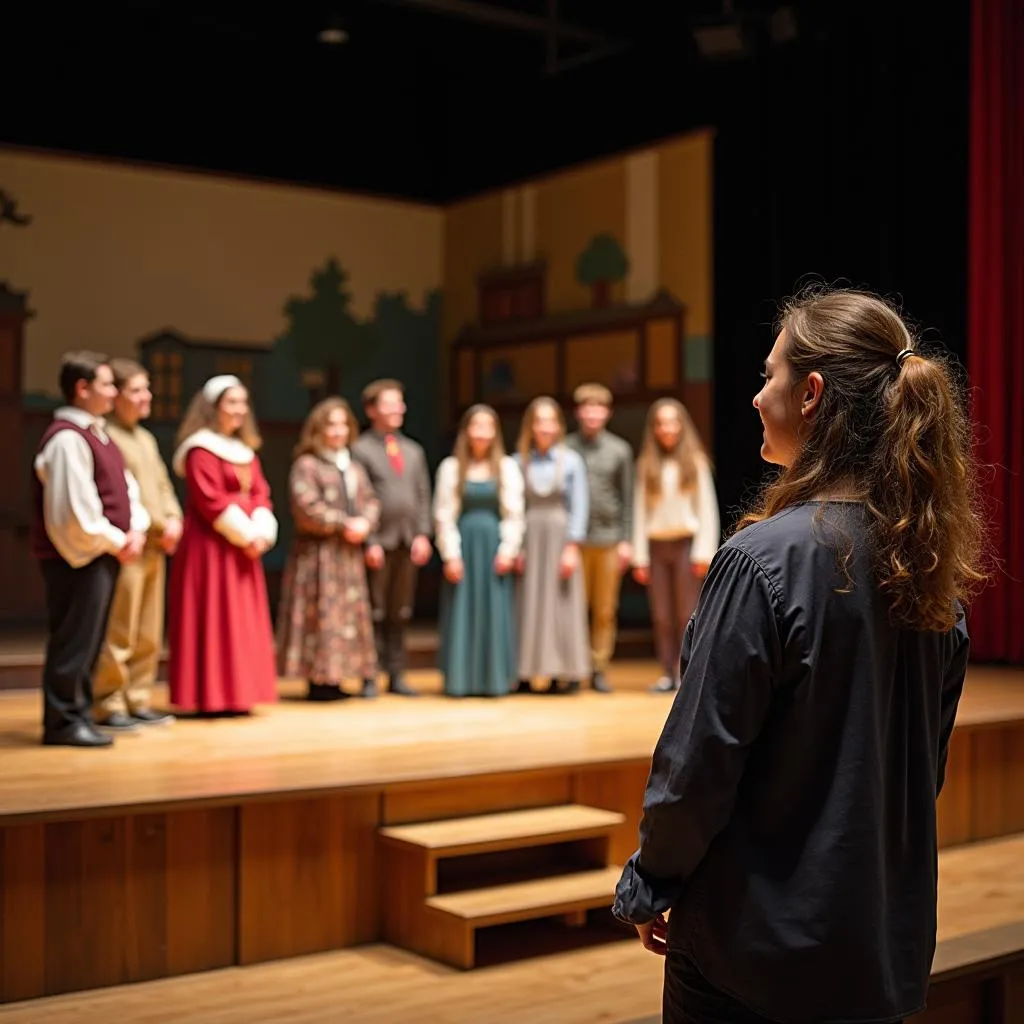 Students performing a traditional play on stage