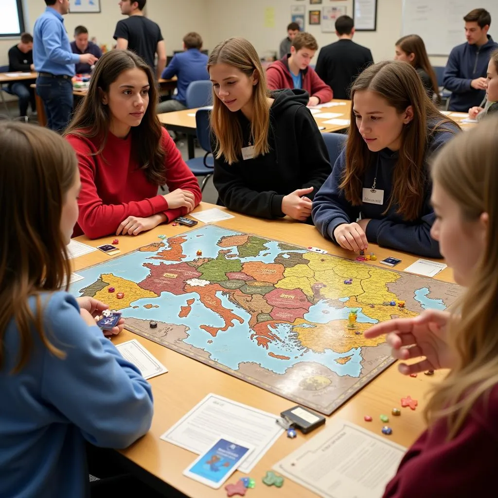 Students engaged in a historical board game