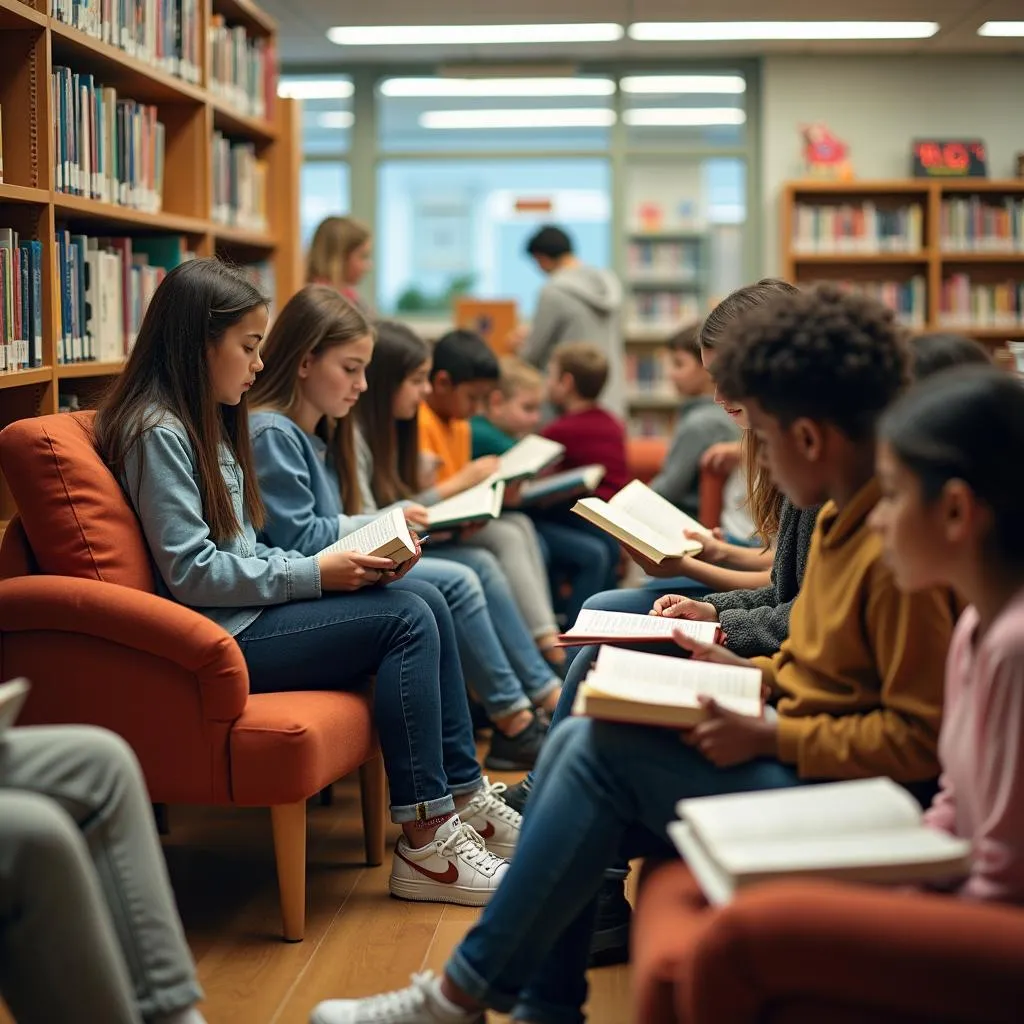 Students enjoying reading in a school library