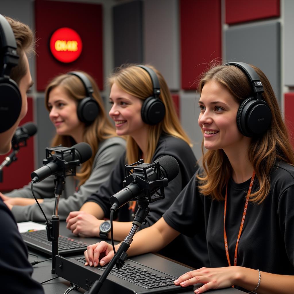 Students recording a podcast in a studio