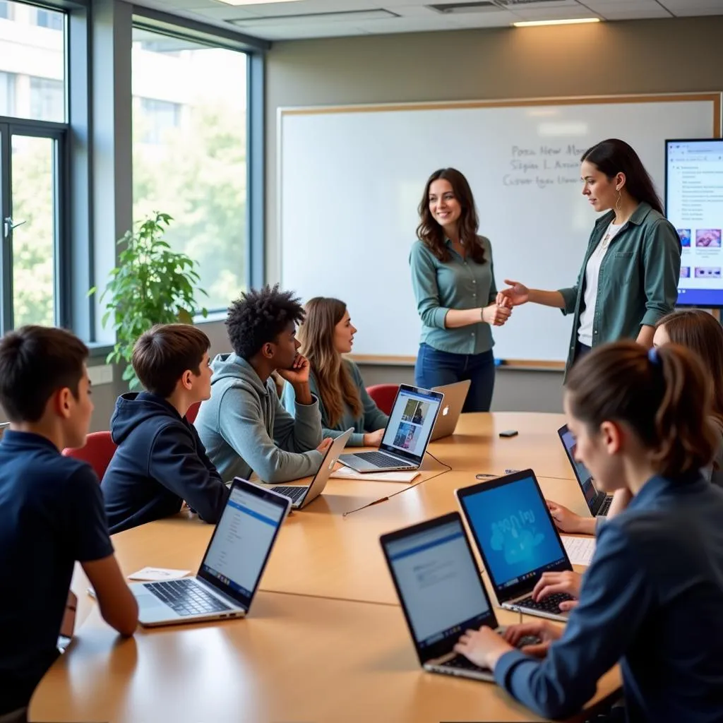 Students using technology in a modern classroom