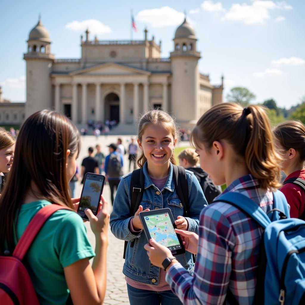 Students using technology on school trip