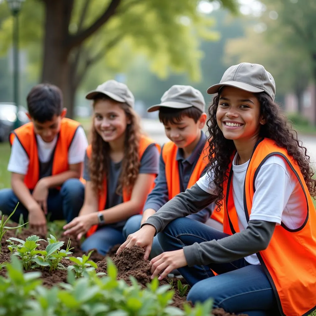 High school students volunteering in community service