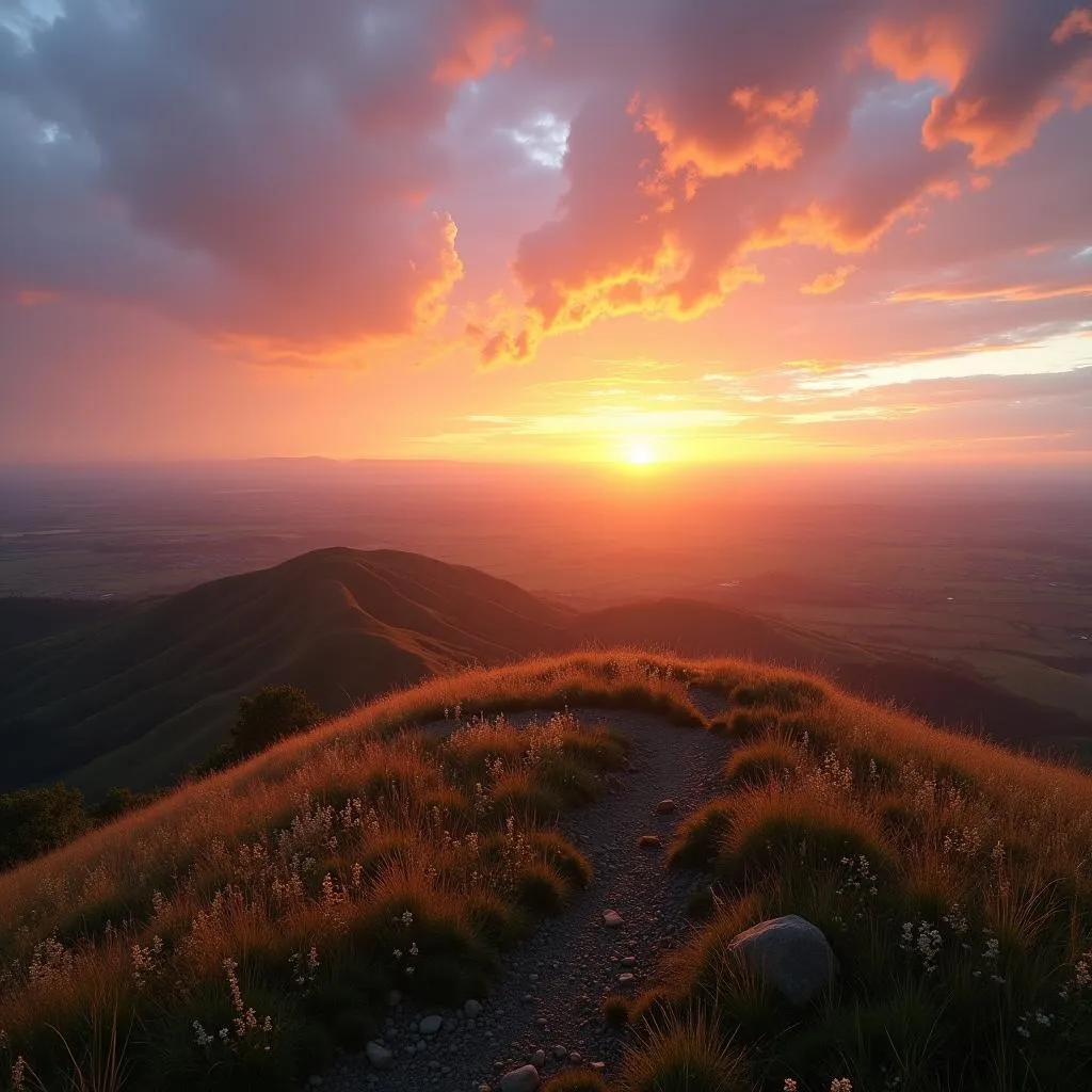 Panoramic view of sunrise from hilltop