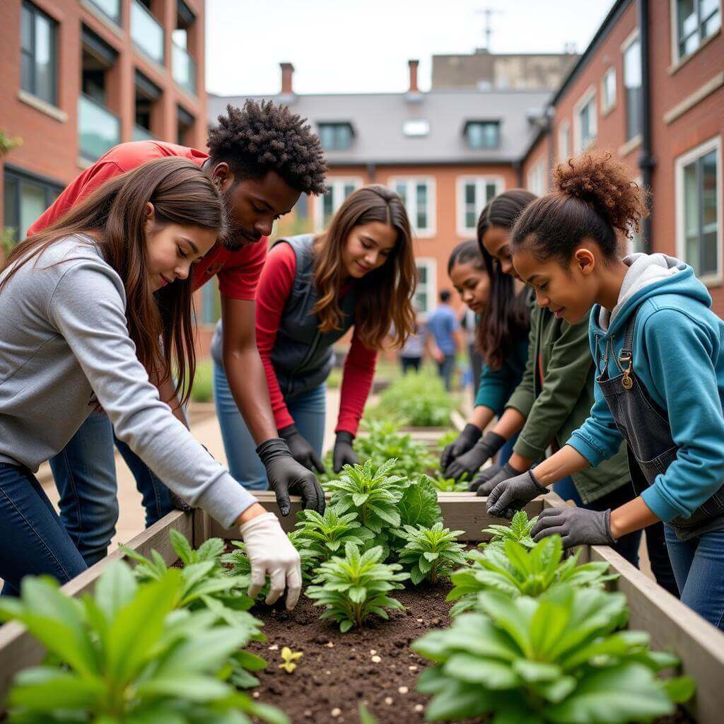 Students participating in urban gardening project for sustainability education